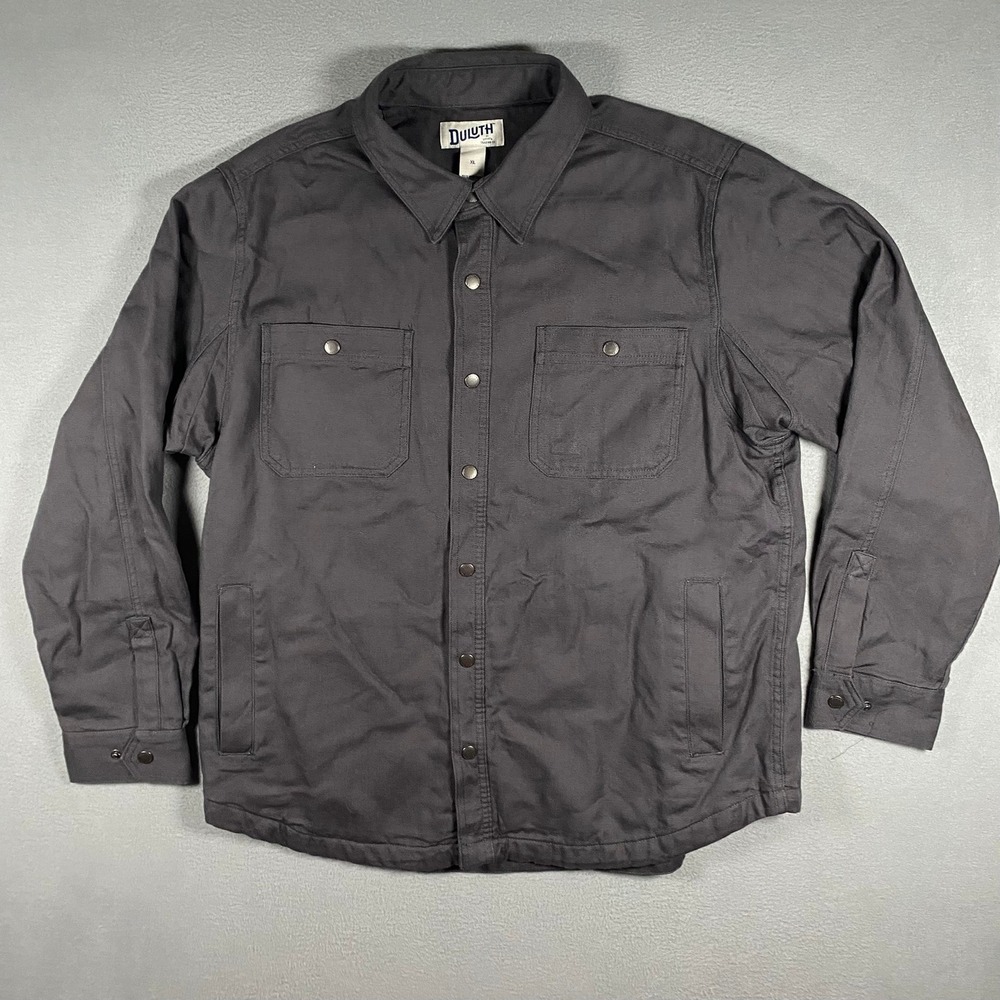 Duluth Trading Co Shirt Jacket Mens XL Gray Flannel Lined Canvas Snap Front